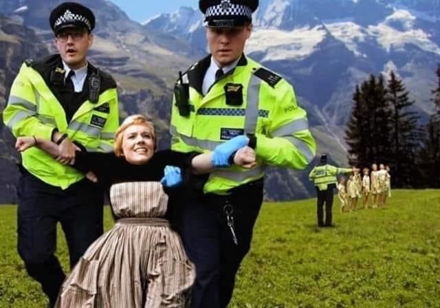Photoshop image of a character from The Sound of Music being taken by two male police officers